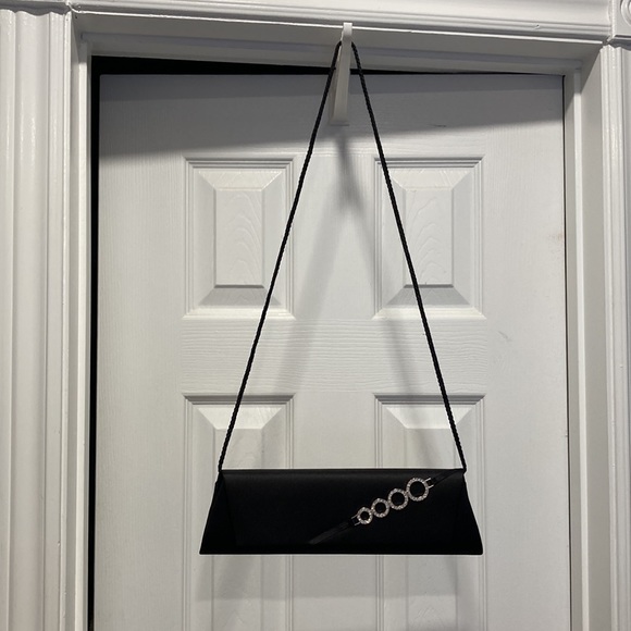 Black Satin Shoulder Evening Bag / Wristlet With Round Crystal Design - Picture 2 of 15